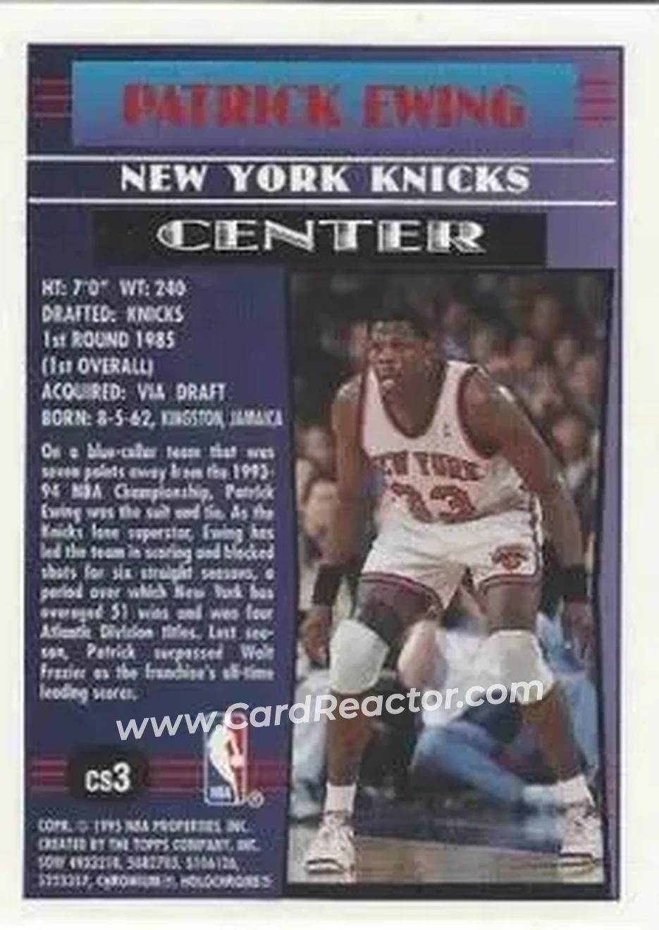 1994-95 Finest - Cornerstone #CS3 - Patrick Ewing - New York Knicks - Back