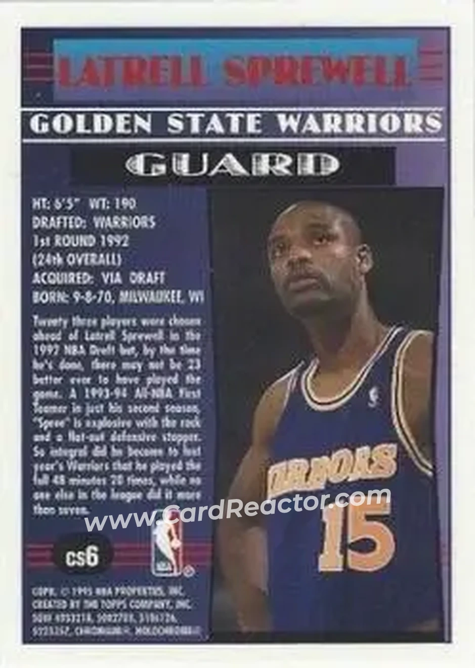 1994-95 Finest - Cornerstone #CS6 - Latrell Sprewell - Golden State Warriors - Back