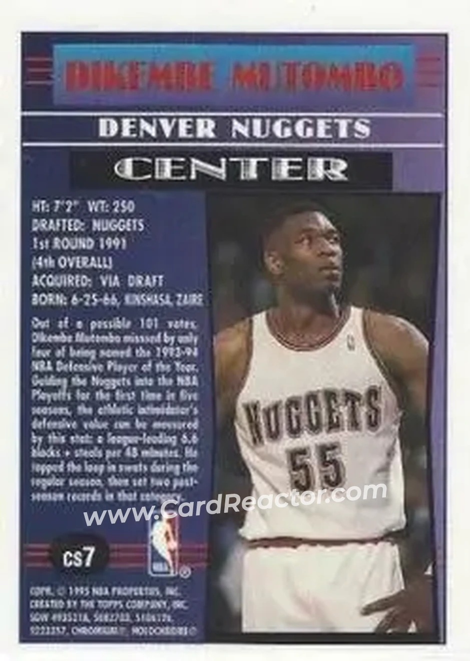 1994-95 Finest - Cornerstone #CS7 - Dikembe Mutombo - Denver Nuggets - Back