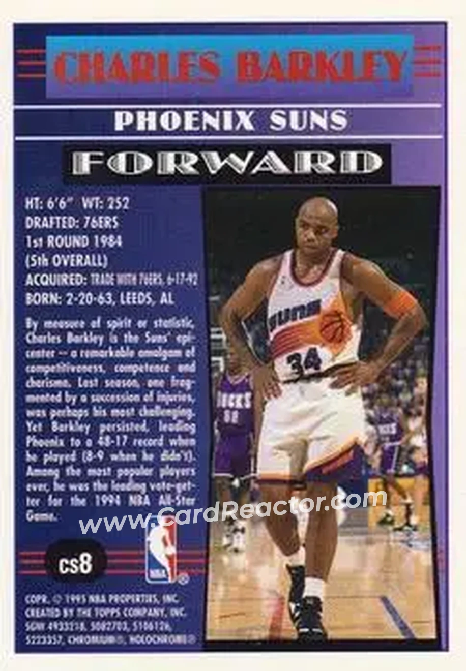 1994-95 Finest - Cornerstone #CS8 - Charles Barkley - Phoenix Suns - Back 1994-95 Finest - Cornerstone #CS8 - Charles Barkley - Phoenix Suns - Back