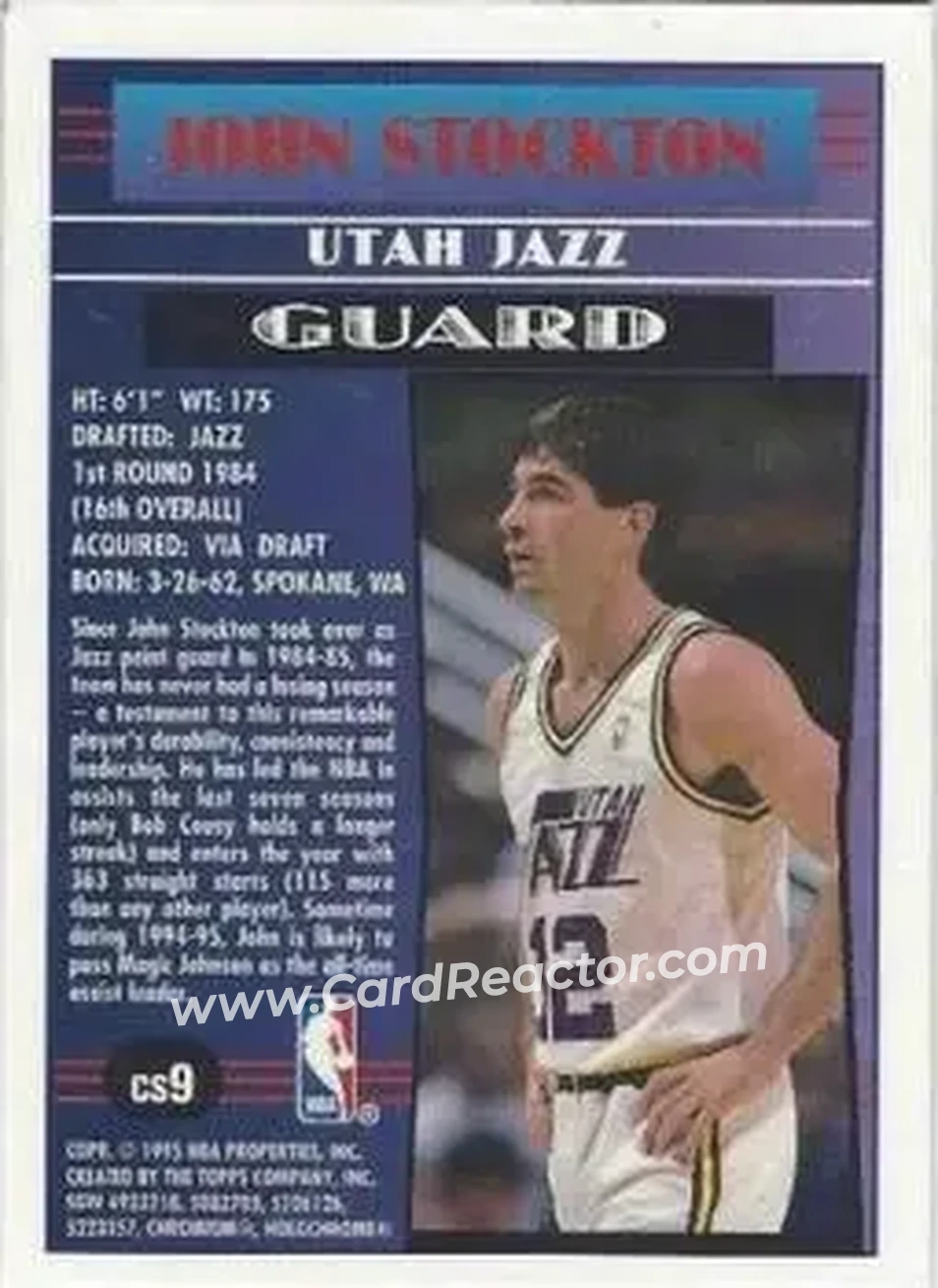 1994-95 Finest - Cornerstone #CS9 - John Stockton - Utah Jazz - Back 1994-95 Finest - Cornerstone #CS9 - John Stockton - Utah Jazz - Back