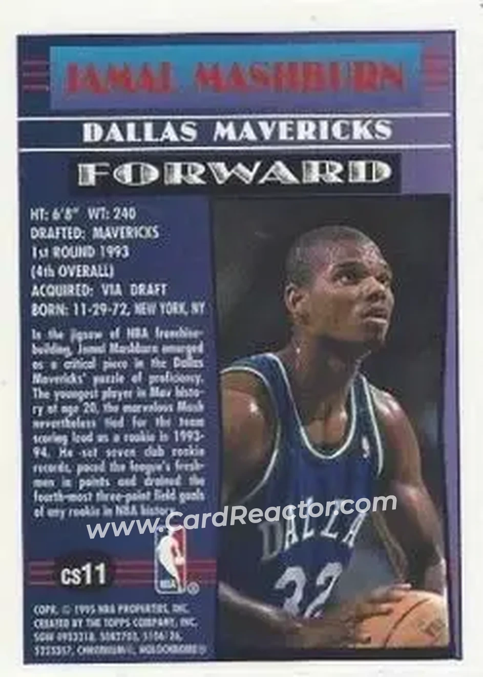 1994-95 Finest - Cornerstone #CS11 - Jamal Mashburn - Dallas Mavericks - Back 1994-95 Finest - Cornerstone #CS11 - Jamal Mashburn - Dallas Mavericks - Back