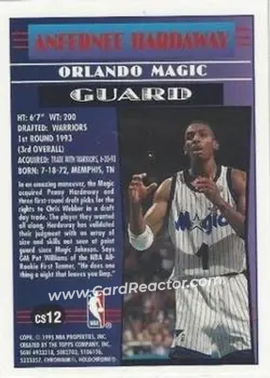 1994-95 Finest - Cornerstone #CS12 - Anfernee Hardaway - Orlando Magic - Back 1994-95 Finest - Cornerstone #CS12 - Anfernee Hardaway - Orlando Magic - Back