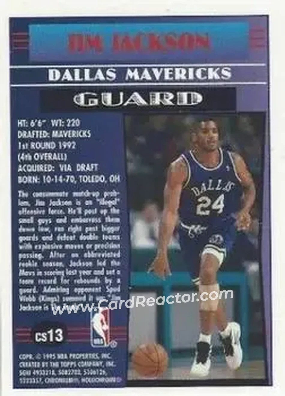 1994-95 Finest - Cornerstone #CS13 - Jim Jackson - Dallas Mavericks - Back