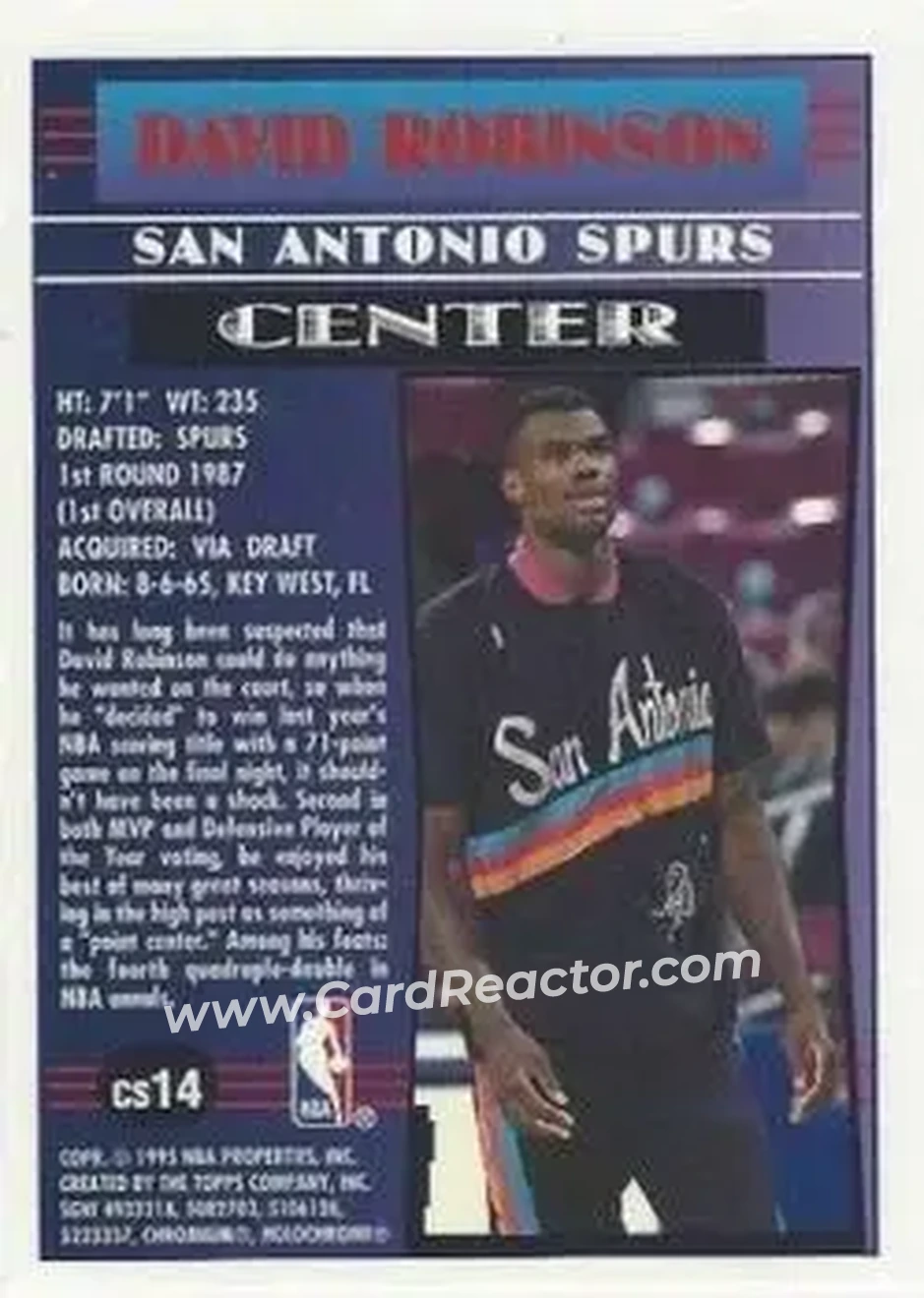 1994-95 Finest - Cornerstone #CS14 - David Robinson - San Antonio Spurs - Back