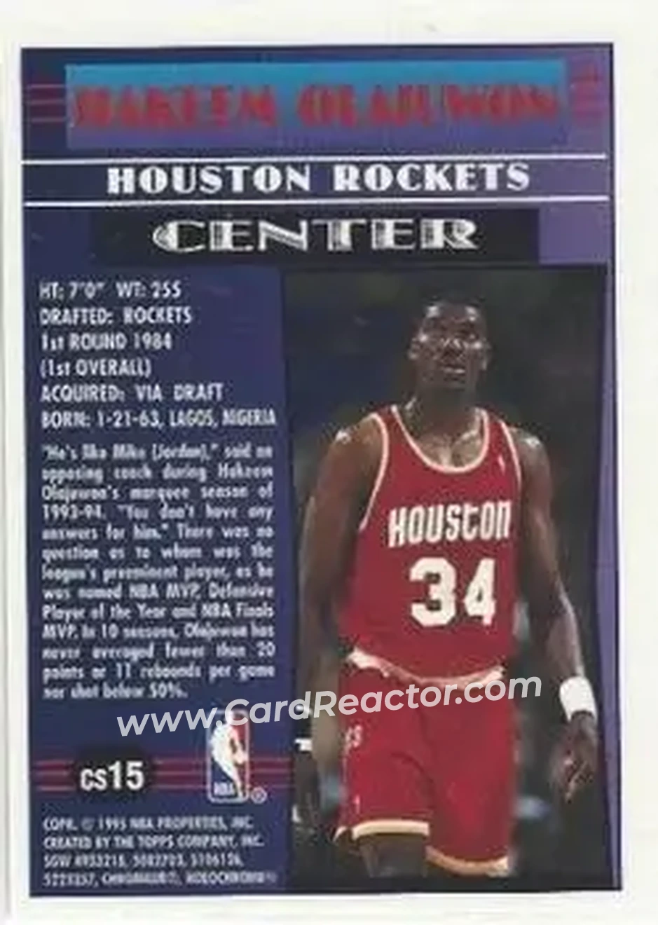1994-95 Finest - Cornerstone #CS15 - Hakeem Olajuwon - Houston Rockets - Back