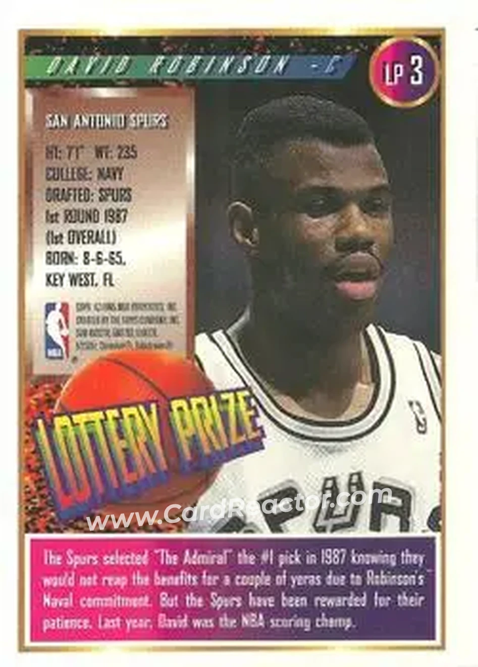 1994-95 Finest - Lottery Prize #LP3 - David Robinson - San Antonio Spurs - Back