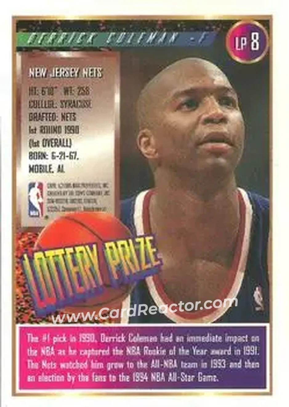 1994-95 Finest - Lottery Prize #LP8 - Derrick Coleman - New Jersey Nets - Back