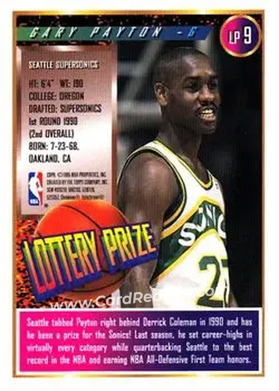 1994-95 Finest - Lottery Prize #LP9 - Gary Payton - Seattle SuperSonics - Back