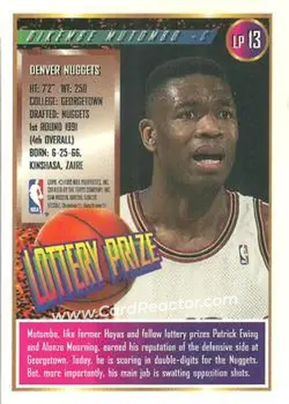 1994-95 Finest - Lottery Prize #LP13 - Dikembe Mutombo - Denver Nuggets - Back