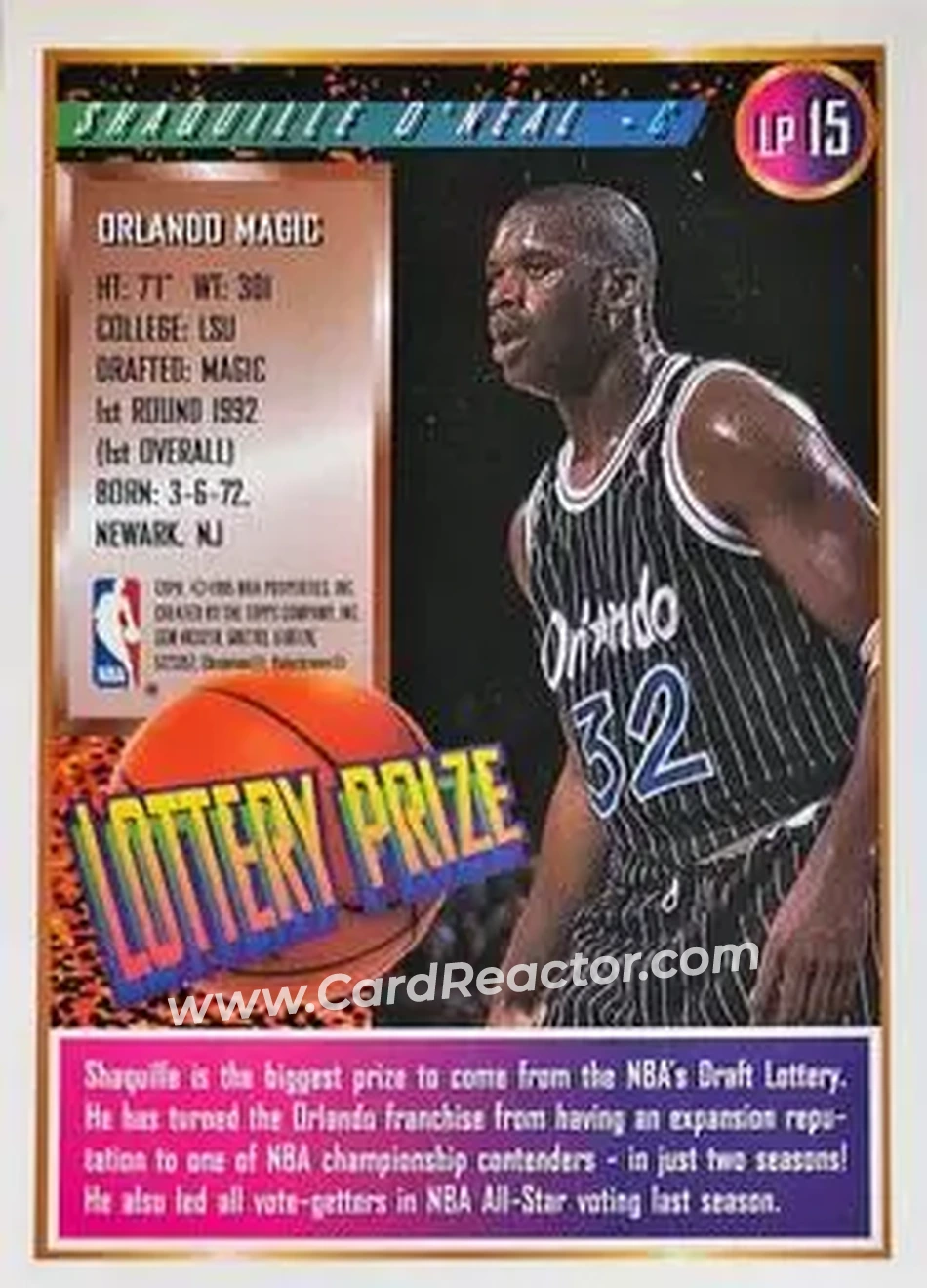 1994-95 Finest - Lottery Prize #LP15 - Shaquille O'Neal - Orlando Magic - Back 1994-95 Finest - Lottery Prize #LP15 - Shaquille O'Neal - Orlando Magic - Back