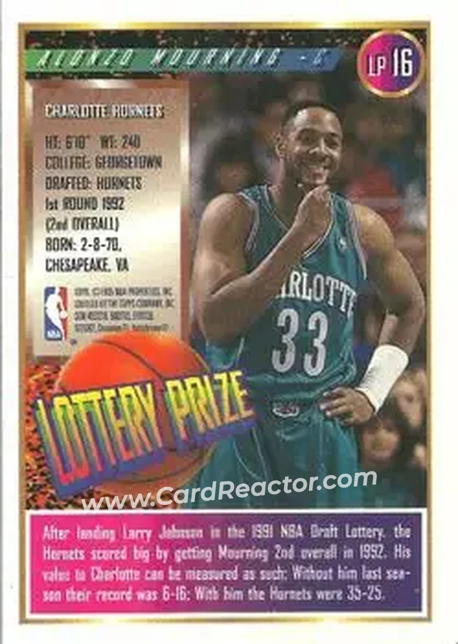 1994-95 Finest - Lottery Prize #LP16 - Alonzo Mourning - Charlotte Hornets - Back 1994-95 Finest - Lottery Prize #LP16 - Alonzo Mourning - Charlotte Hornets - Back