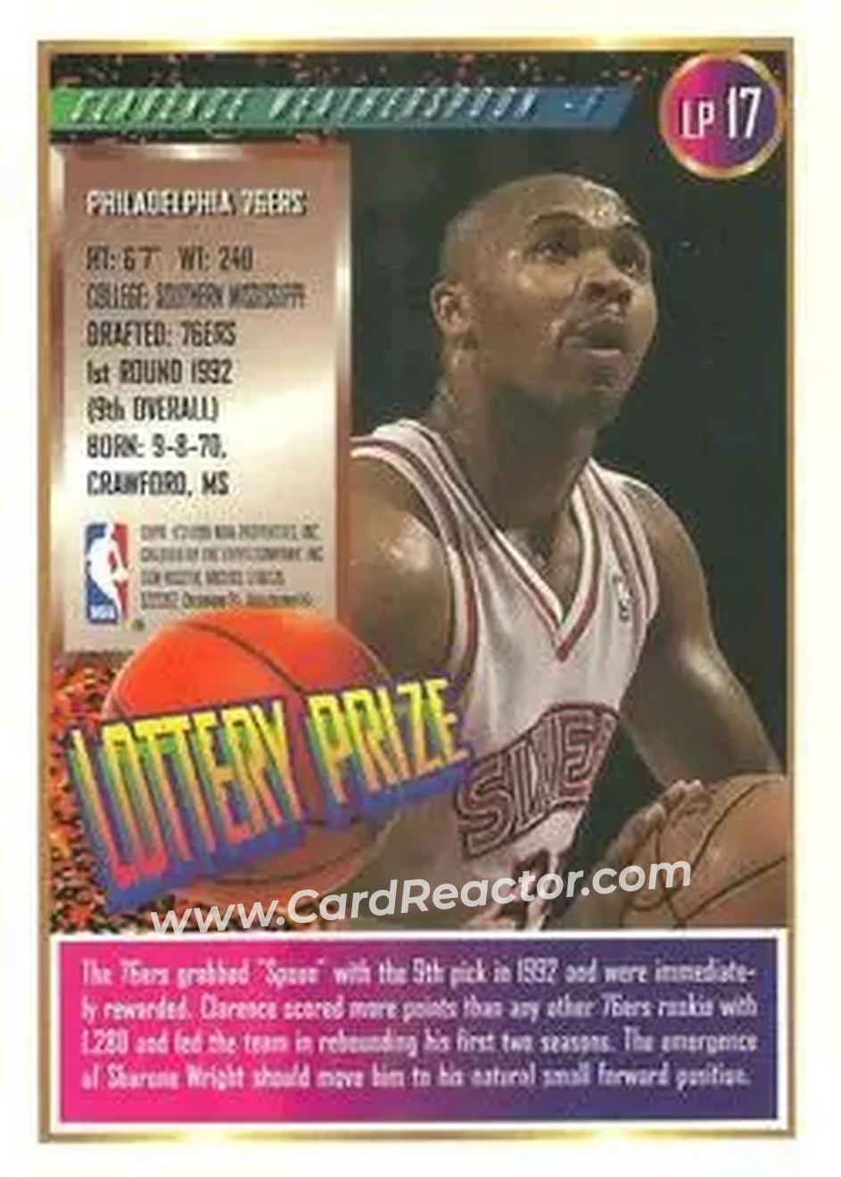 1994-95 Finest - Lottery Prize #LP17 - Clarence Weatherspoon - Philadelphia 76ers - Back 1994-95 Finest - Lottery Prize #LP17 - Clarence Weatherspoon - Philadelphia 76ers - Back