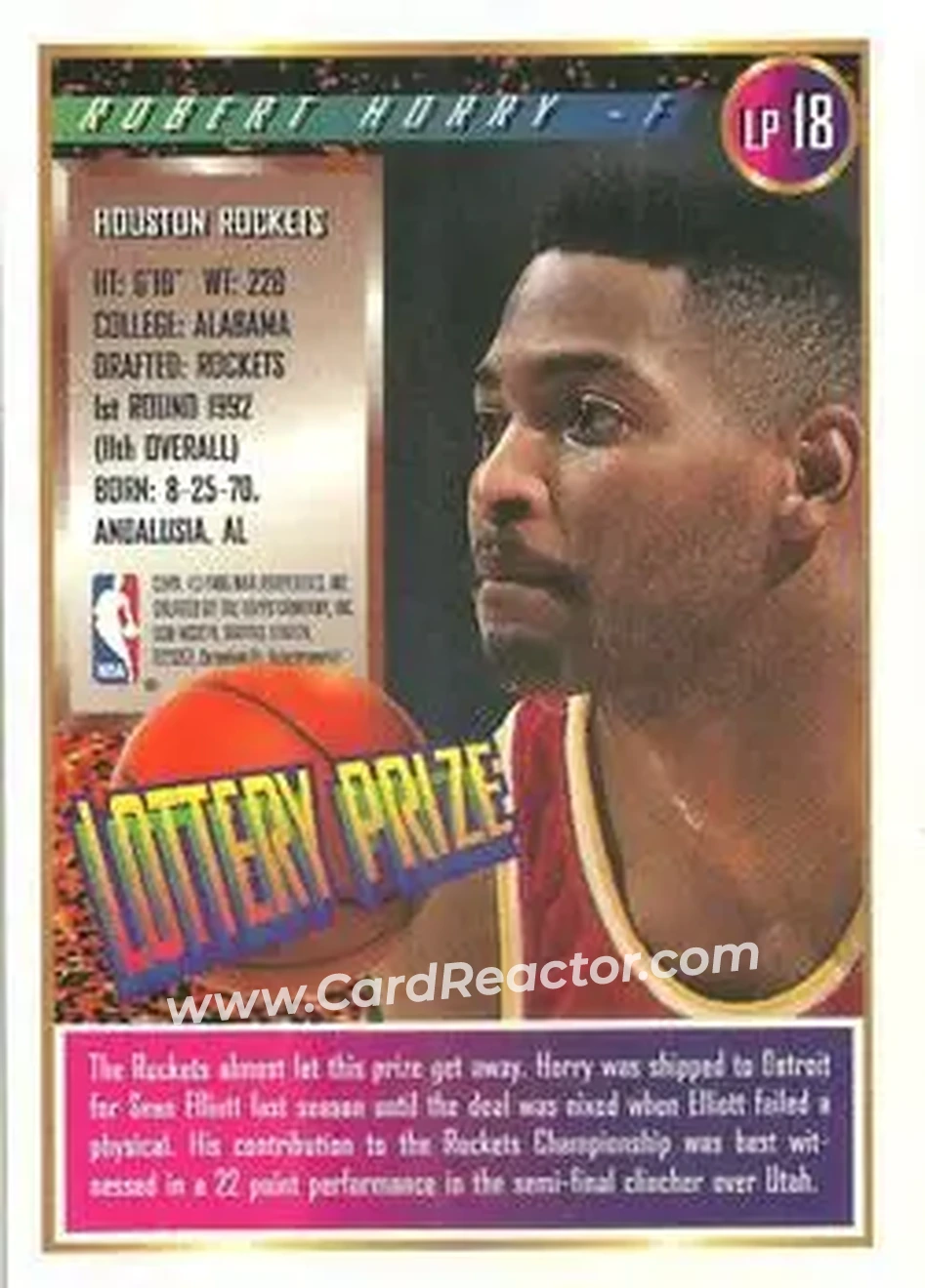 1994-95 Finest - Lottery Prize #LP18 - Robert Horry - Houston Rockets - Back