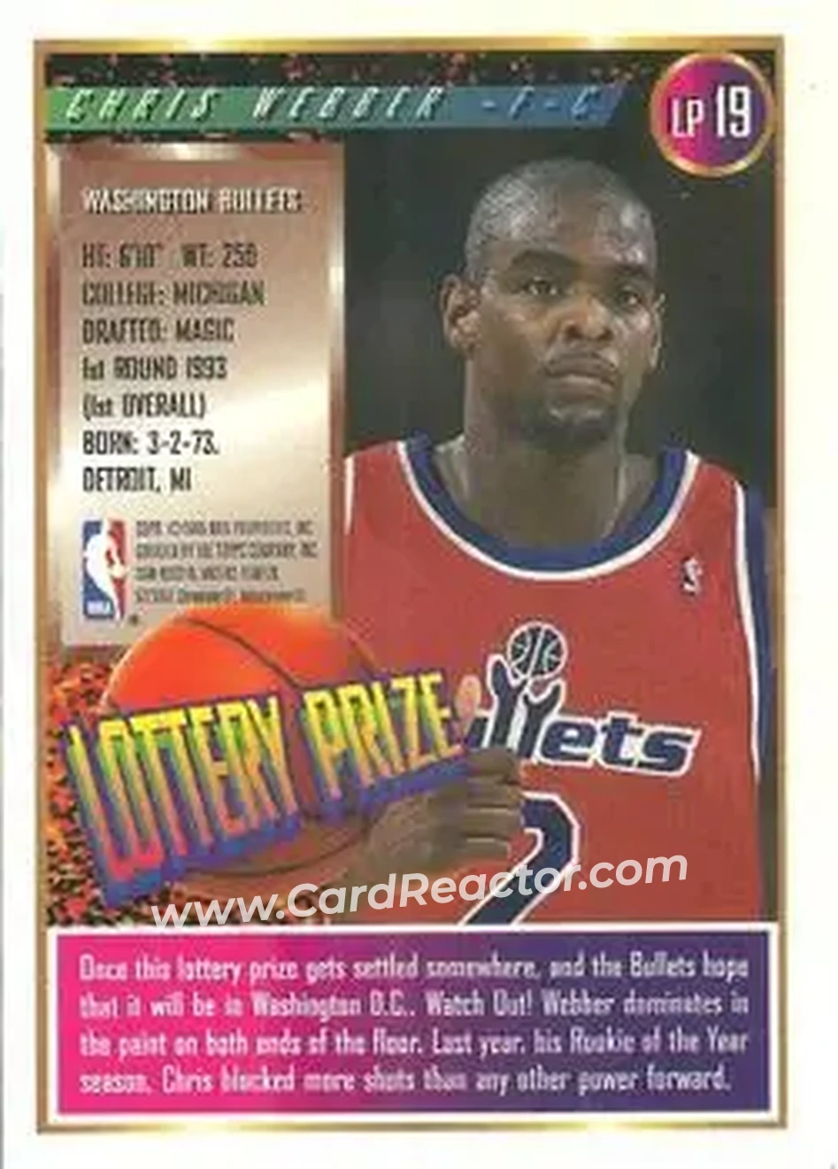 1994-95 Finest - Lottery Prize #LP19 - Chris Webber - Washington Bullets - Back 1994-95 Finest - Lottery Prize #LP19 - Chris Webber - Washington Bullets - Back