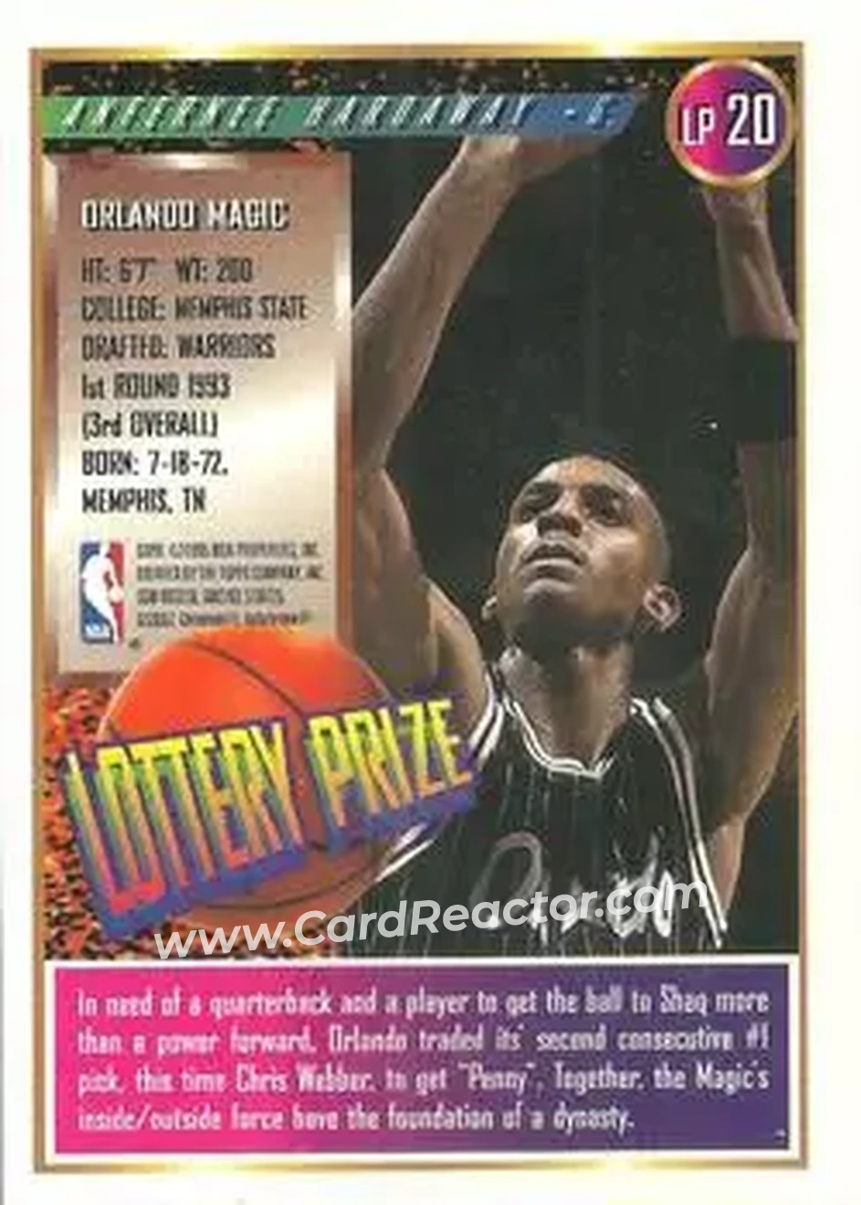 1994-95 Finest - Lottery Prize #LP20 - Anfernee Hardaway - Orlando Magic - Back 1994-95 Finest - Lottery Prize #LP20 - Anfernee Hardaway - Orlando Magic - Back