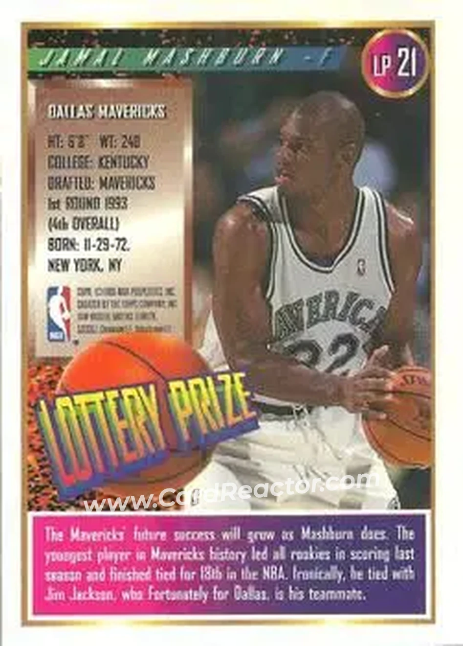 1994-95 Finest - Lottery Prize #LP21 - Jamal Mashburn - Dallas Mavericks - Back