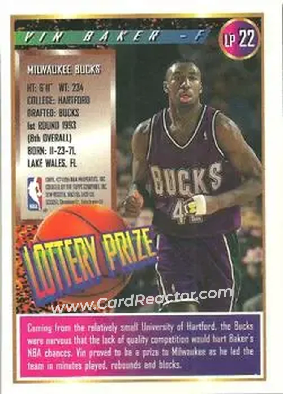 1994-95 Finest - Lottery Prize #LP22 - Vin Baker - Milwaukee Bucks - Back