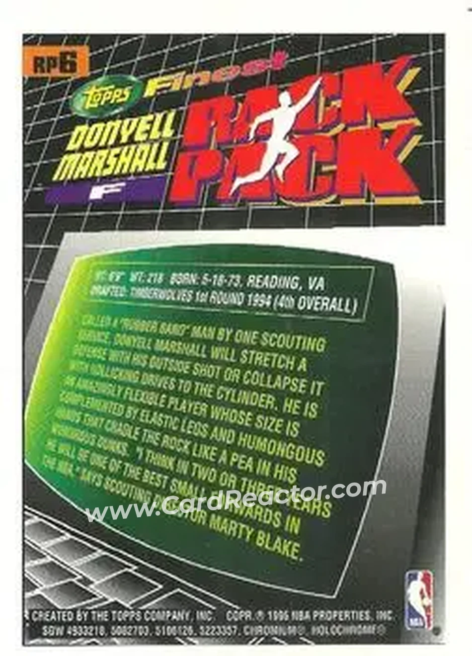 1994-95 Finest - Rack Pack #RP6 - Donyell Marshall - Minnesota Timberwolves - Back 1994-95 Finest - Rack Pack #RP6 - Donyell Marshall - Minnesota Timberwolves - Back