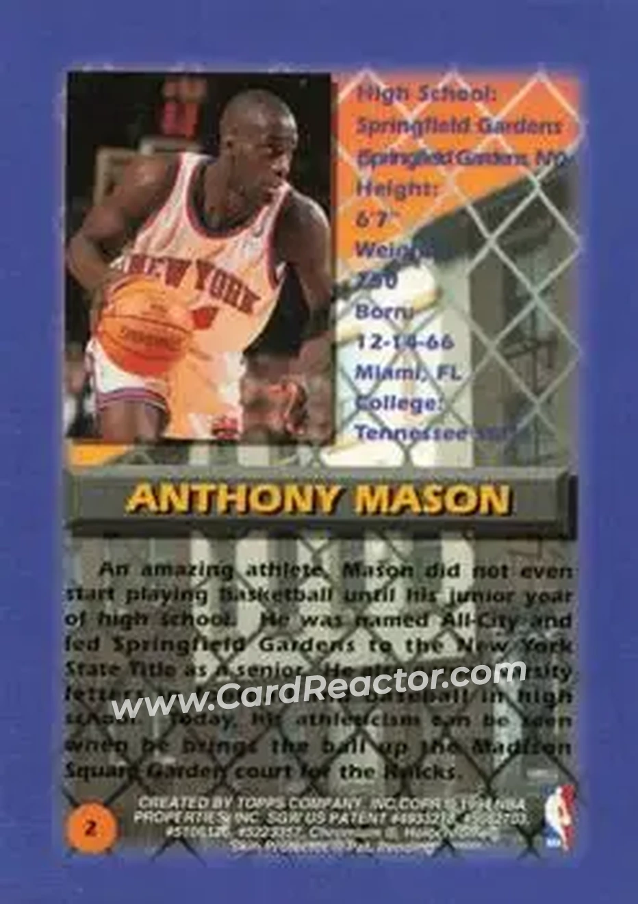 1994-95 Finest - Refractors #2 - Anthony Mason - New York Knicks - Back 1994-95 Finest - Refractors #2 - Anthony Mason - New York Knicks - Back