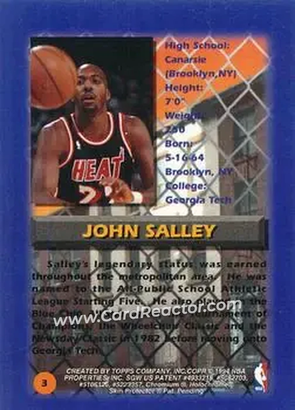 1994-95 Finest - Refractors #3 - John Salley - Miami Heat - Back