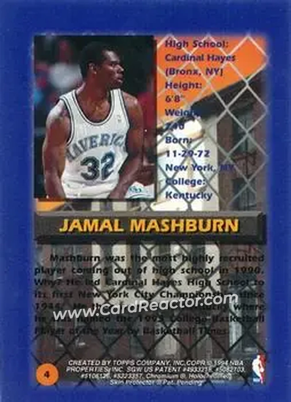 1994-95 Finest - Refractors #4 - Jamal Mashburn - Dallas Mavericks - Back