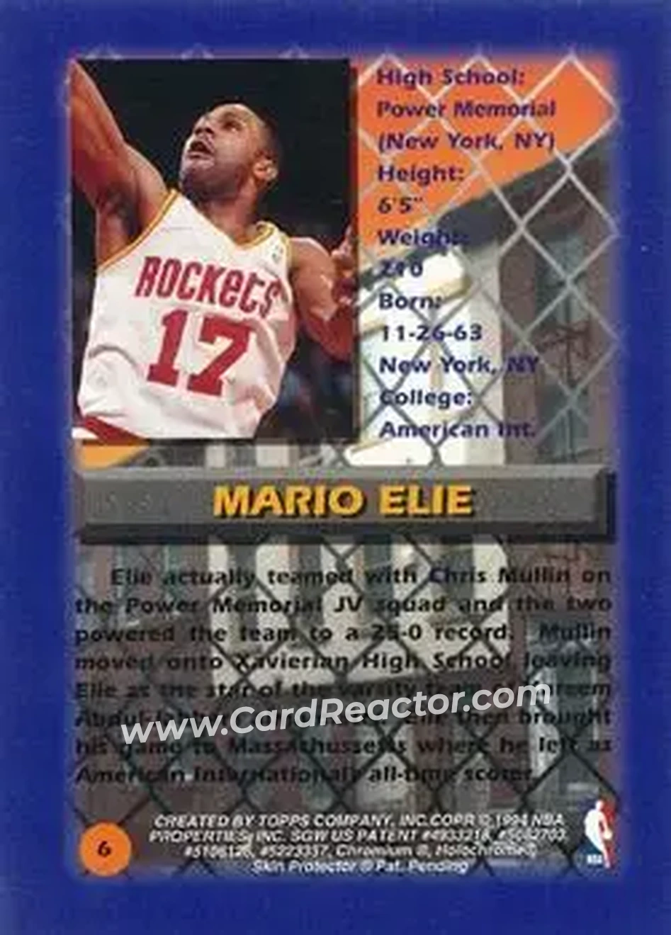 1994-95 Finest - Refractors #6 - Mario Elie - Houston Rockets - Back 1994-95 Finest - Refractors #6 - Mario Elie - Houston Rockets - Back