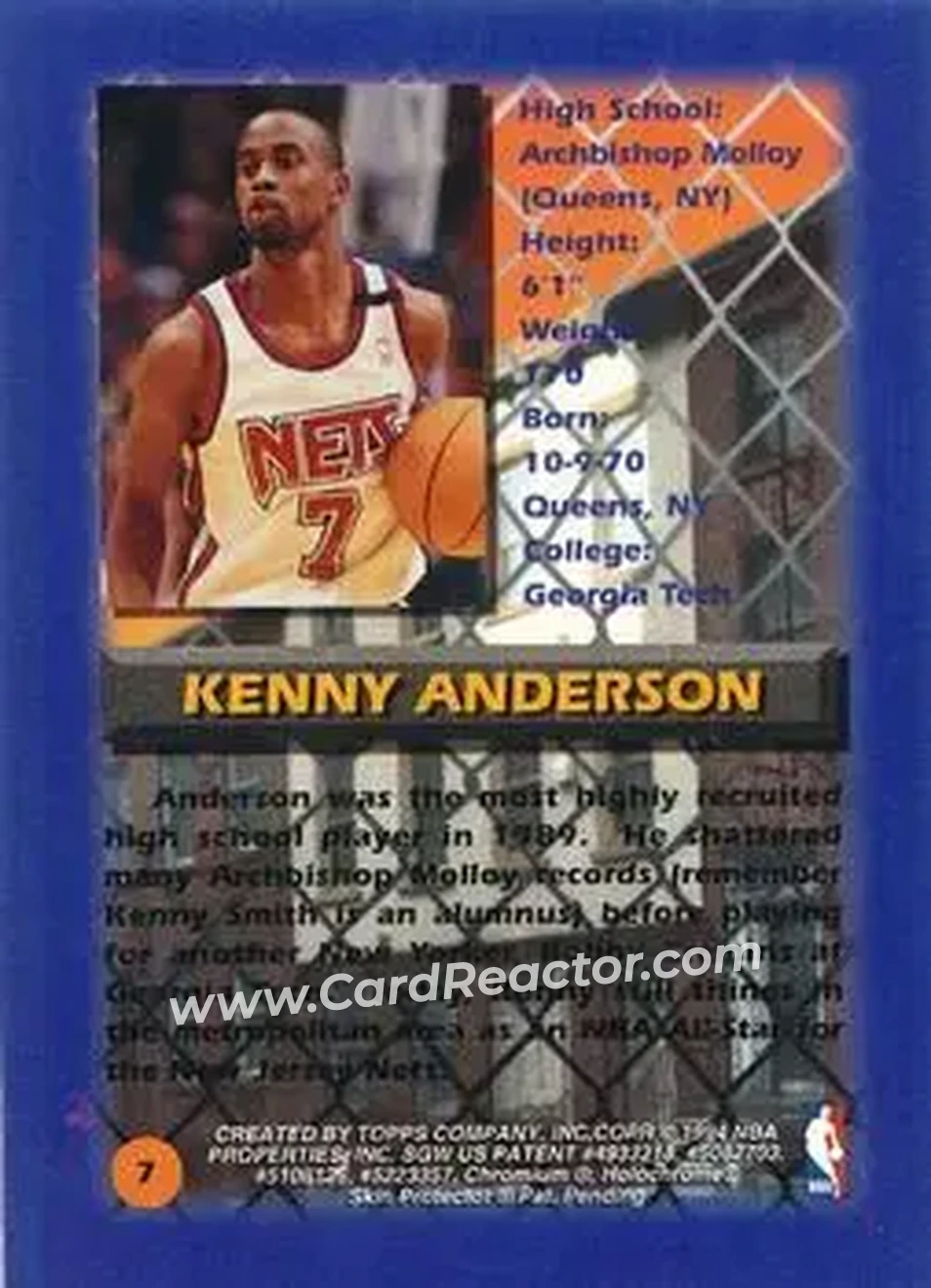 1994-95 Finest - Refractors #7 - Kenny Anderson - New Jersey Nets - Back