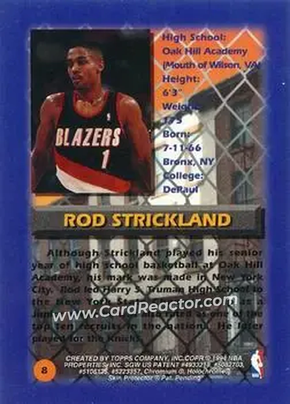 1994-95 Finest - Refractors #8 - Rod Strickland - Portland Trail Blazers - Back 1994-95 Finest - Refractors #8 - Rod Strickland - Portland Trail Blazers - Back