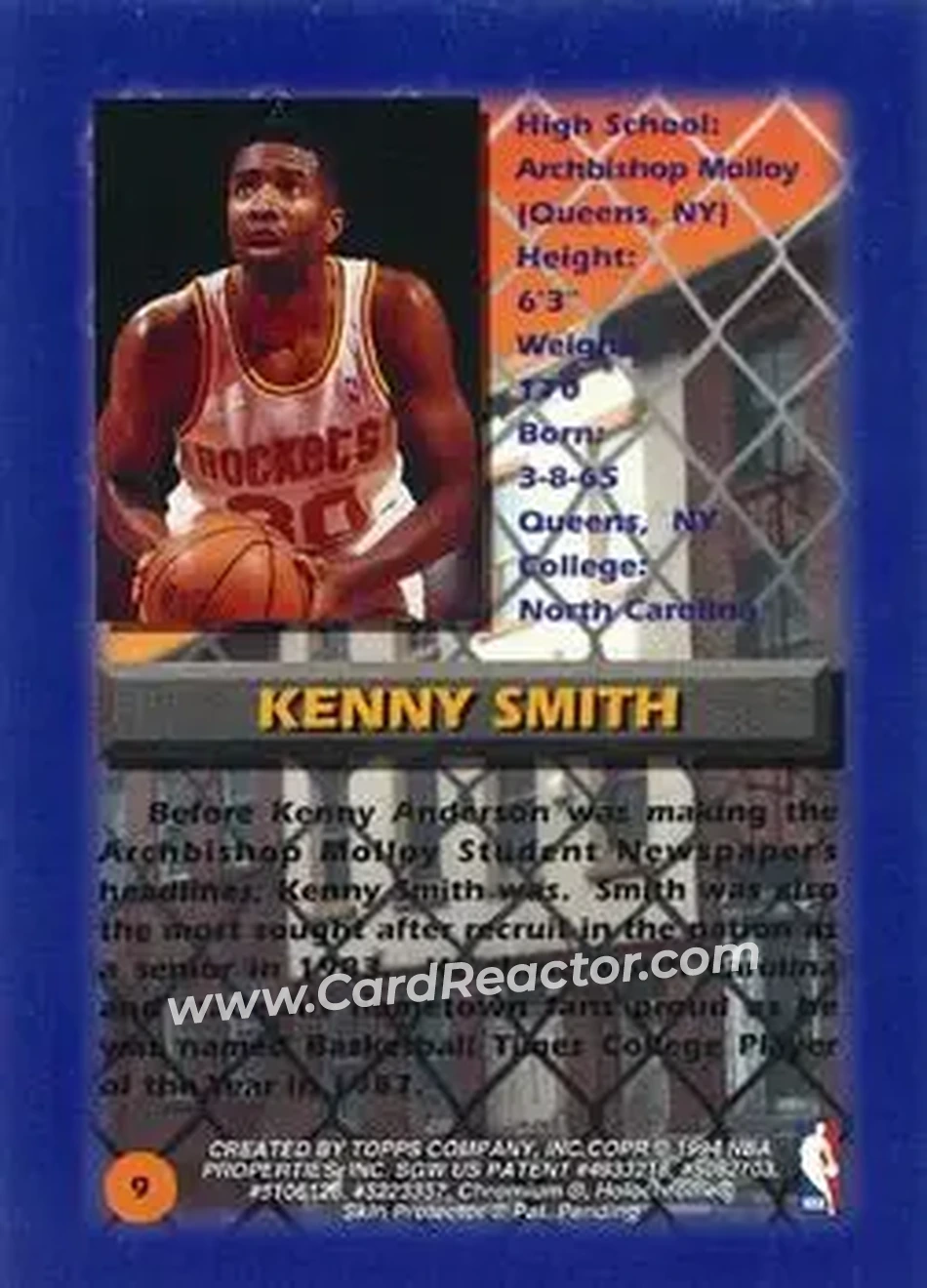 1994-95 Finest - Refractors #9 - Kenny Smith - Houston Rockets - Back