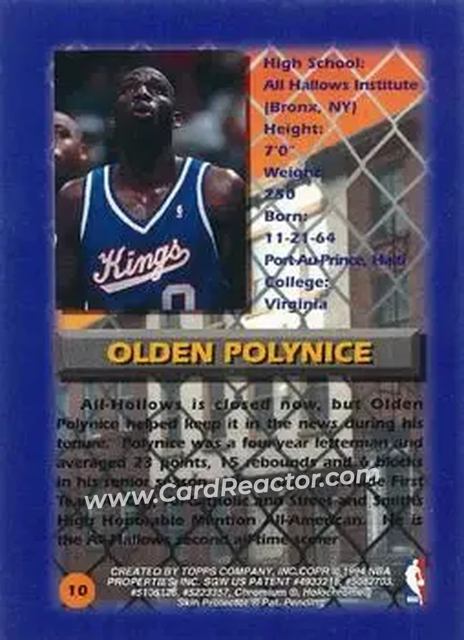 1994-95 Finest - Refractors #10 - Olden Polynice - Sacramento Kings - Back