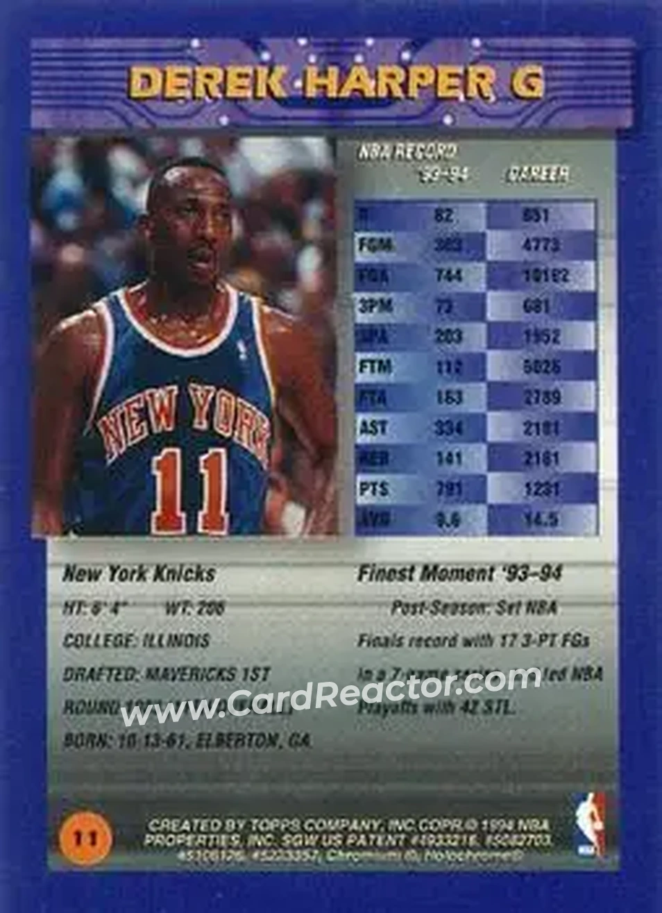 1994-95 Finest - Refractors #11 - Derek Harper - New York Knicks - Back