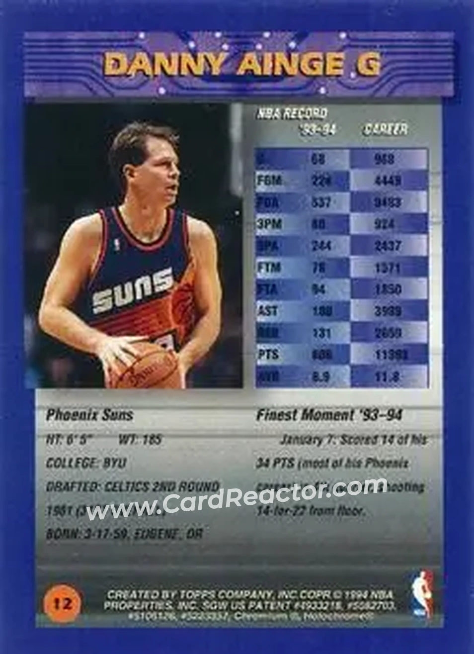 1994-95 Finest - Refractors #12 - Danny Ainge - Phoenix Suns - Back 1994-95 Finest - Refractors #12 - Danny Ainge - Phoenix Suns - Back