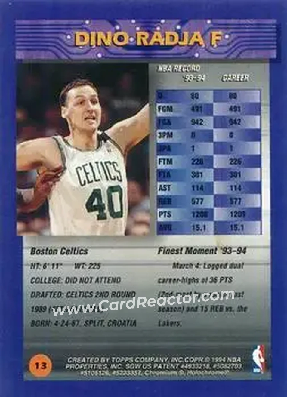 1994-95 Finest - Refractors #13 - Dino Radja - Boston Celtics - Back 1994-95 Finest - Refractors #13 - Dino Radja - Boston Celtics - Back