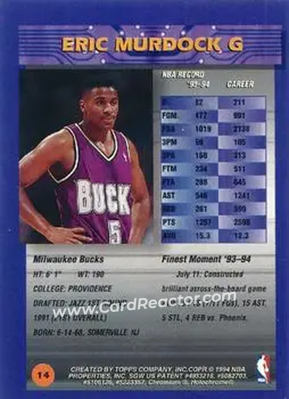 1994-95 Finest - Refractors #14 - Eric Murdock - Milwaukee Bucks - Back
