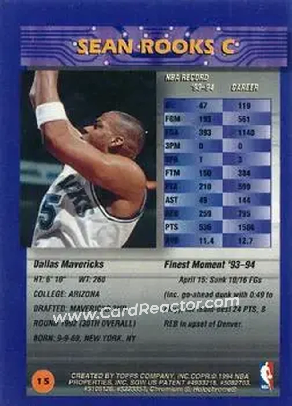1994-95 Finest - Refractors #15 - Sean Rooks - Dallas Mavericks - Back 1994-95 Finest - Refractors #15 - Sean Rooks - Dallas Mavericks - Back