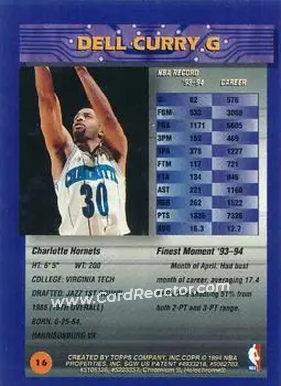 1994-95 Finest - Refractors #16 - Dell Curry - Charlotte Hornets - Back 1994-95 Finest - Refractors #16 - Dell Curry - Charlotte Hornets - Back