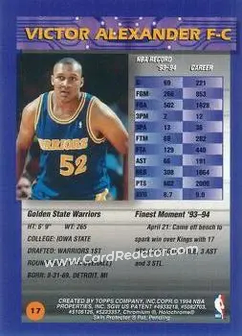 1994-95 Finest - Refractors #17 - Victor Alexander - Golden State Warriors - Back 1994-95 Finest - Refractors #17 - Victor Alexander - Golden State Warriors - Back