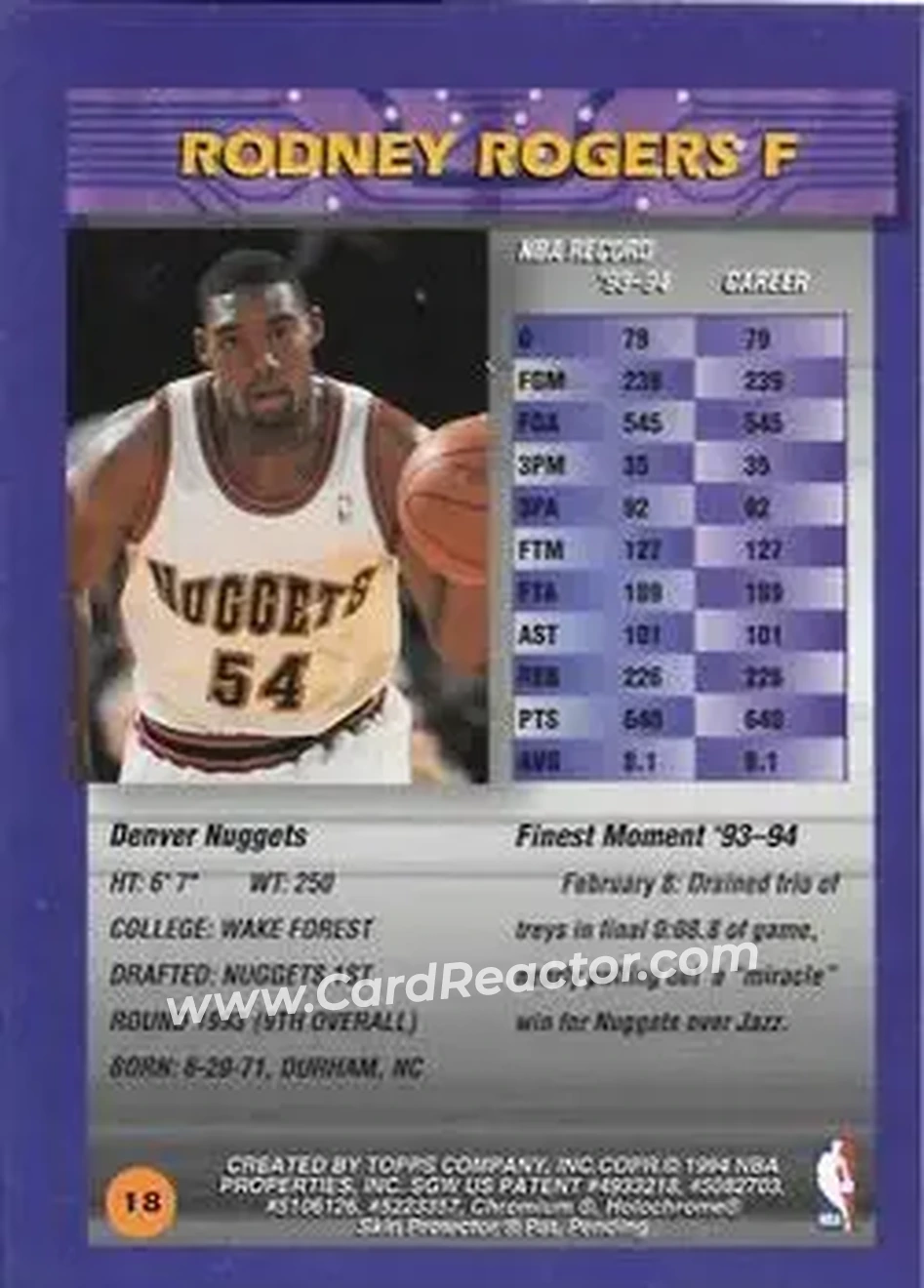 1994-95 Finest - Refractors #18 - Rodney Rogers - Denver Nuggets - Back