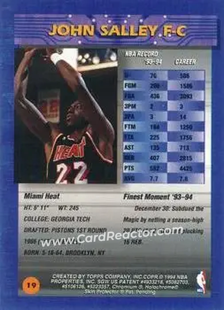 1994-95 Finest - Refractors #19 - John Salley - Miami Heat - Back 1994-95 Finest - Refractors #19 - John Salley - Miami Heat - Back