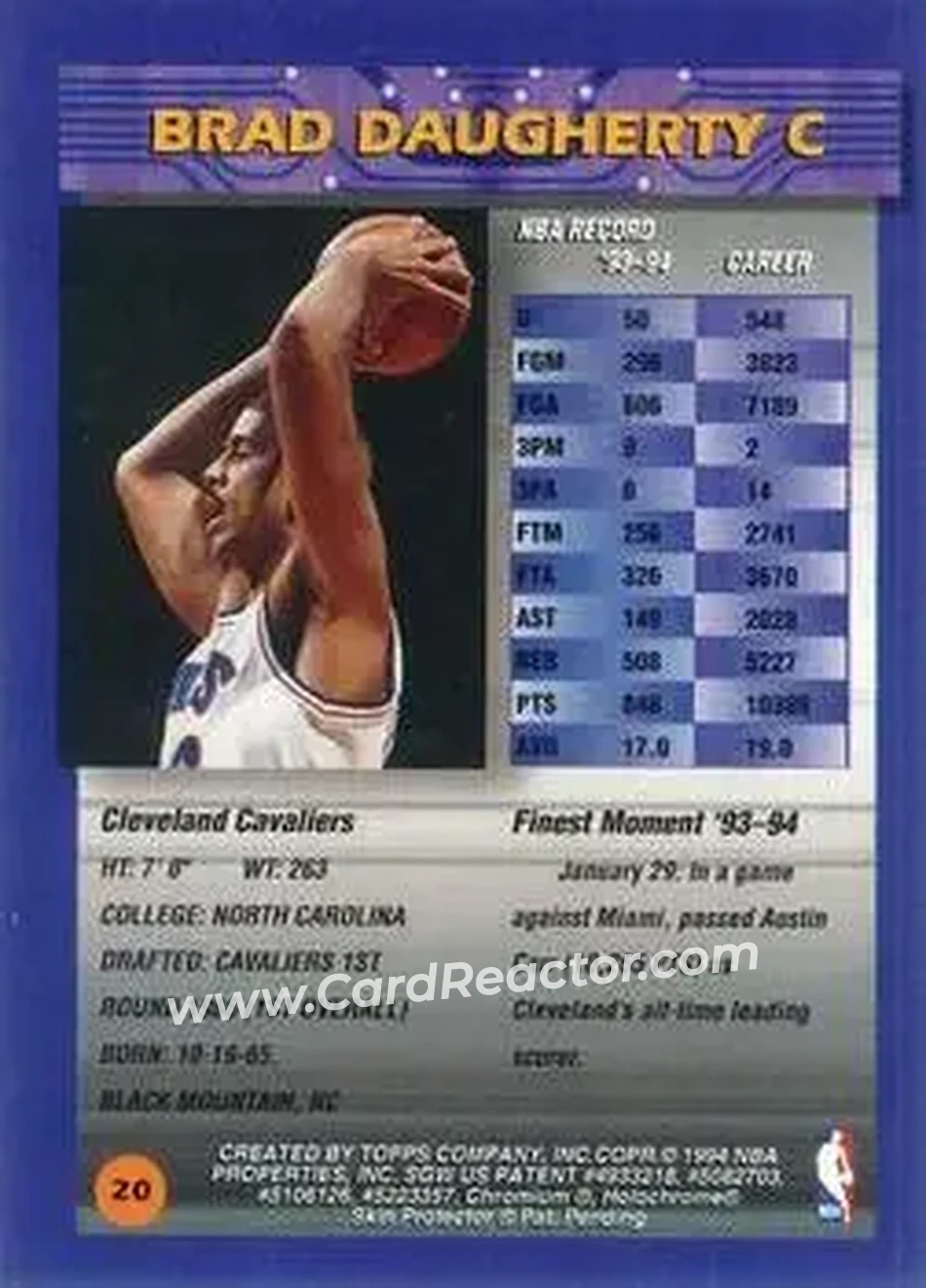 1994-95 Finest - Refractors #20 - Brad Daugherty - Cleveland Cavaliers - Back 1994-95 Finest - Refractors #20 - Brad Daugherty - Cleveland Cavaliers - Back