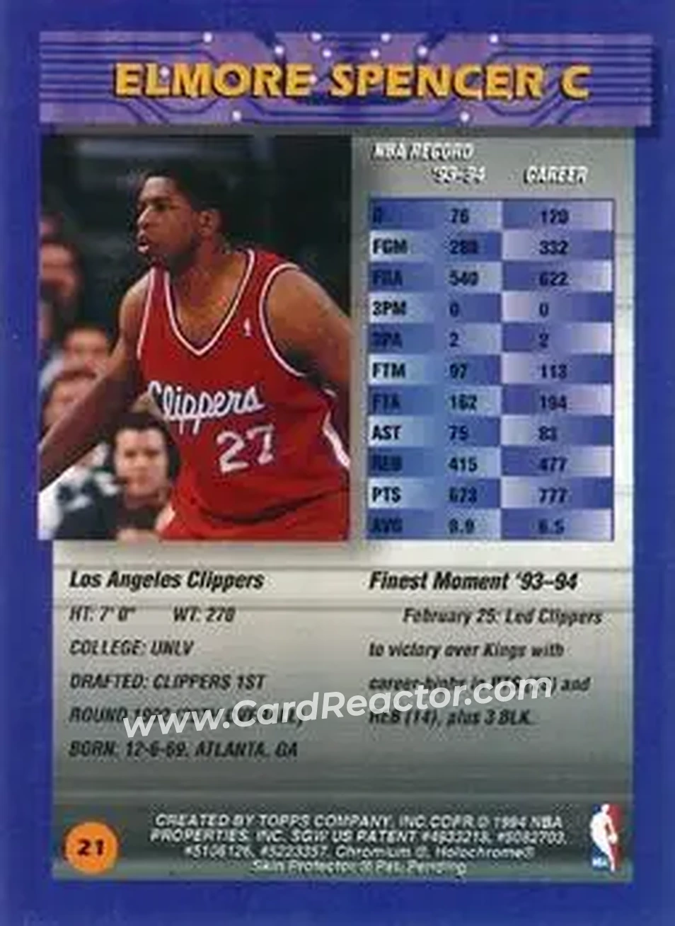 1994-95 Finest - Refractors #21 - Elmore Spencer - Los Angeles Clippers - Back