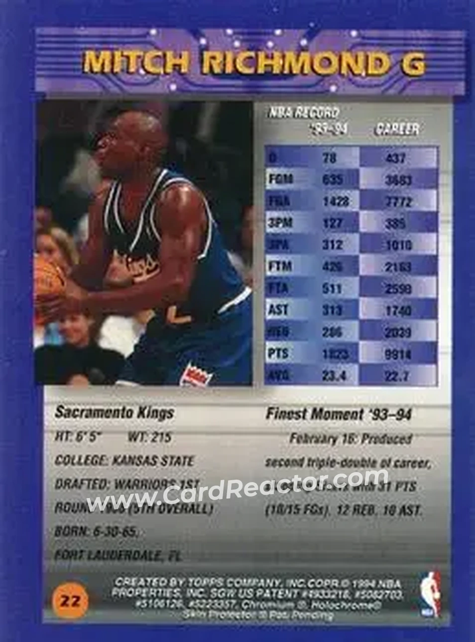 1994-95 Finest - Refractors #22 - Mitch Richmond - Sacramento Kings - Back 1994-95 Finest - Refractors #22 - Mitch Richmond - Sacramento Kings - Back