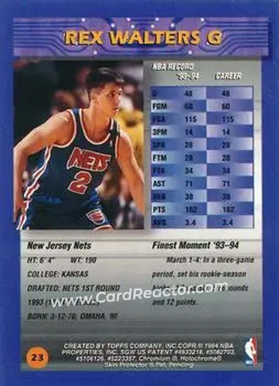 1994-95 Finest - Refractors #23 - Rex Walters - New Jersey Nets - Back 1994-95 Finest - Refractors #23 - Rex Walters - New Jersey Nets - Back
