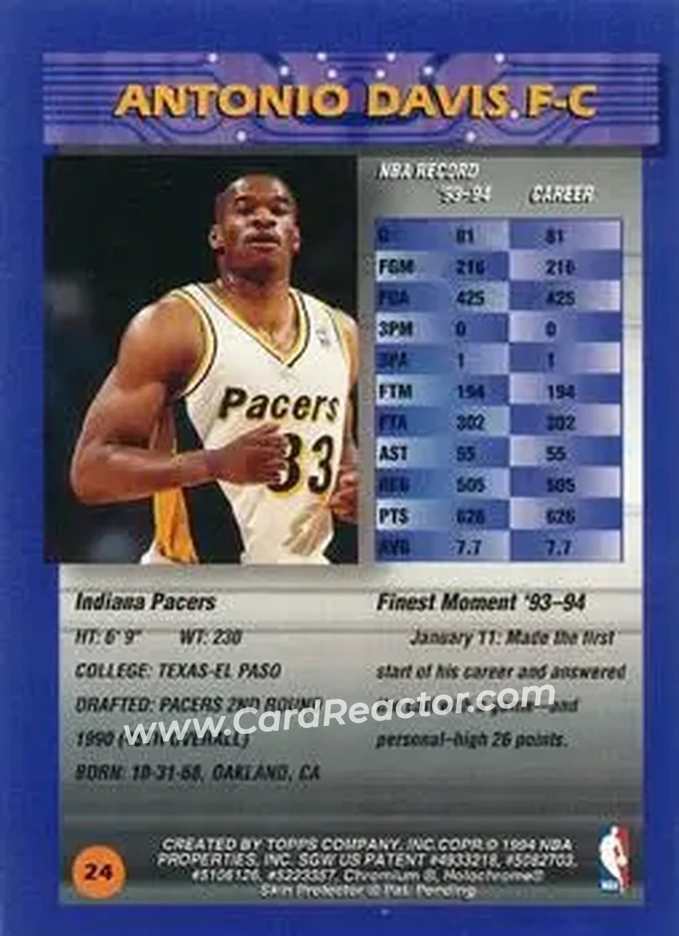 1994-95 Finest - Refractors #24 - Antonio Davis - Indiana Pacers - Back