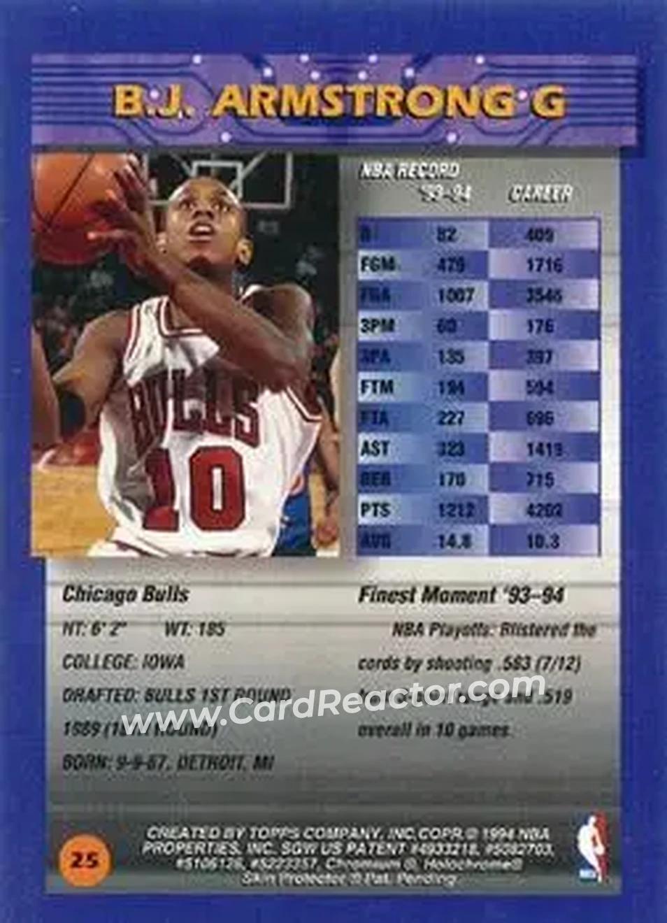 1994-95 Finest - Refractors #25 - B.J. Armstrong - Chicago Bulls - Back 1994-95 Finest - Refractors #25 - B.J. Armstrong - Chicago Bulls - Back