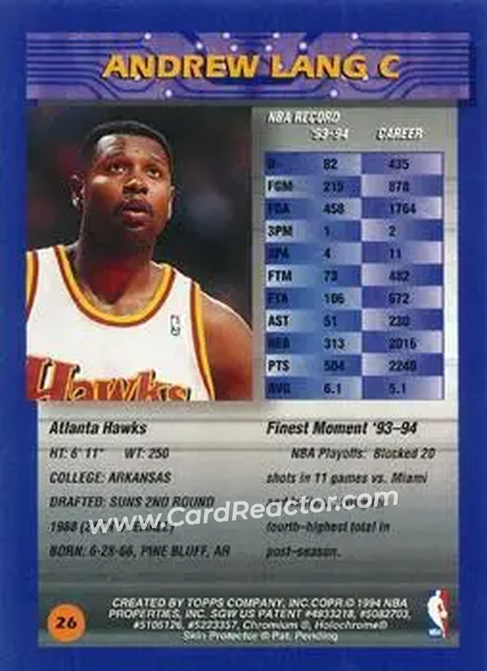 1994-95 Finest - Refractors #26 - Andrew Lang - Atlanta Hawks - Back