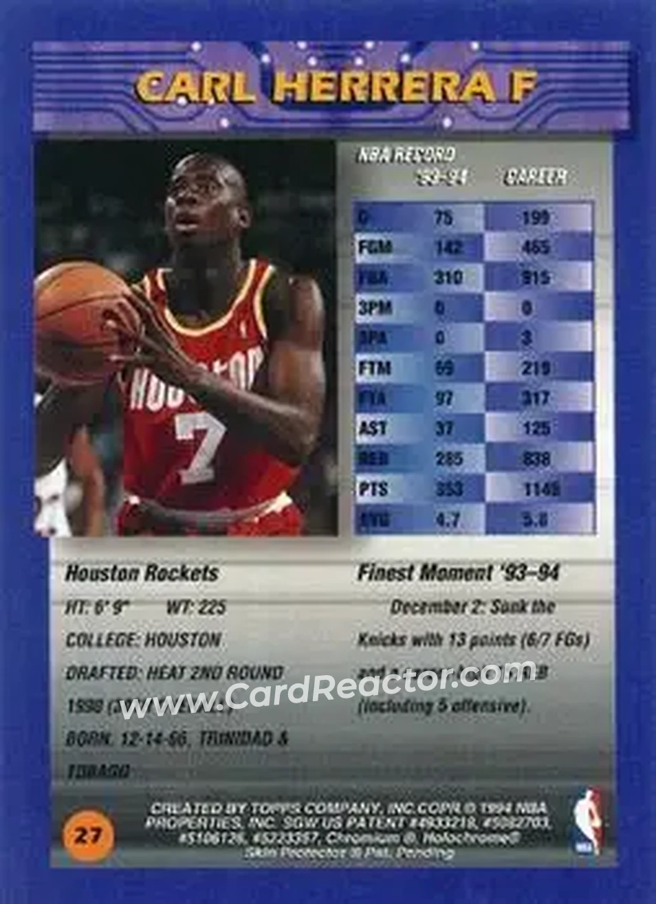 1994-95 Finest - Refractors #27 - Carl Herrera - Houston Rockets - Back