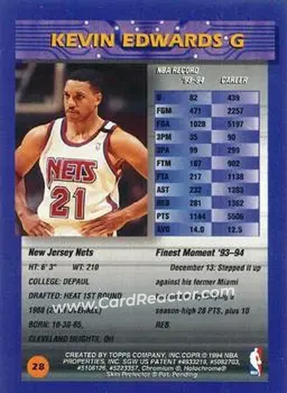 1994-95 Finest - Refractors #28 - Kevin Edwards - New Jersey Nets - Back 1994-95 Finest - Refractors #28 - Kevin Edwards - New Jersey Nets - Back