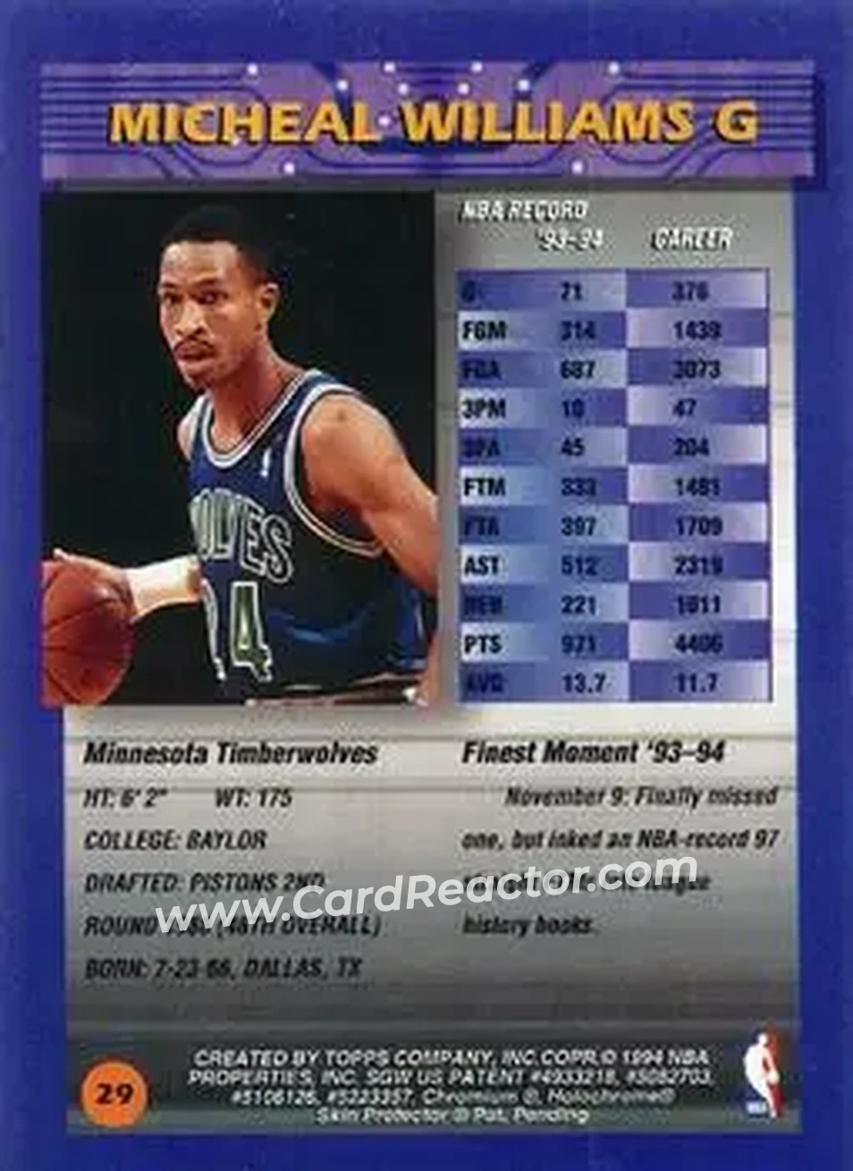 1994-95 Finest - Refractors #29 - Micheal Williams - Minnesota Timberwolves - Back 1994-95 Finest - Refractors #29 - Micheal Williams - Minnesota Timberwolves - Back
